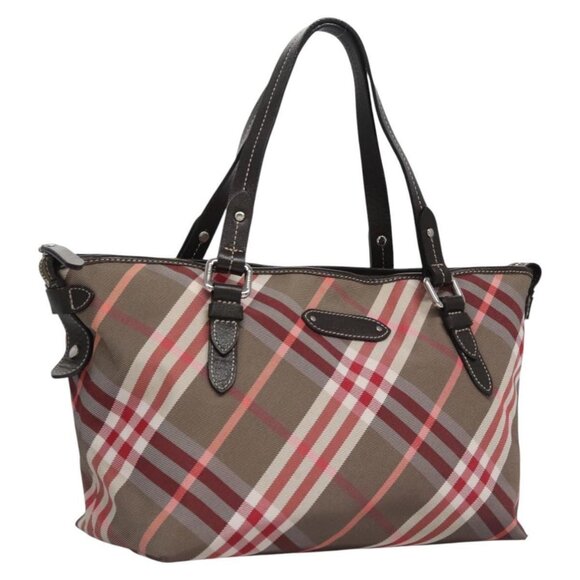 BURBERRY Nova Check Blue Label Hand Bag Nylon Red Brown Auth - Picture 9 of 16
